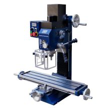 Metallijyrsinkone HBM BF 25 edestä kuvattuna, ristisyöttöpöytä ja karasuojus näkyvissä